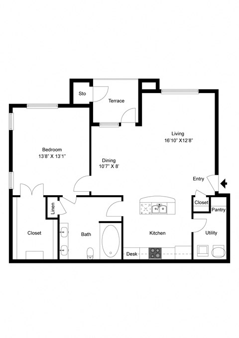 Floor plan for 1 bed, 1 bath, 1000 sqft
